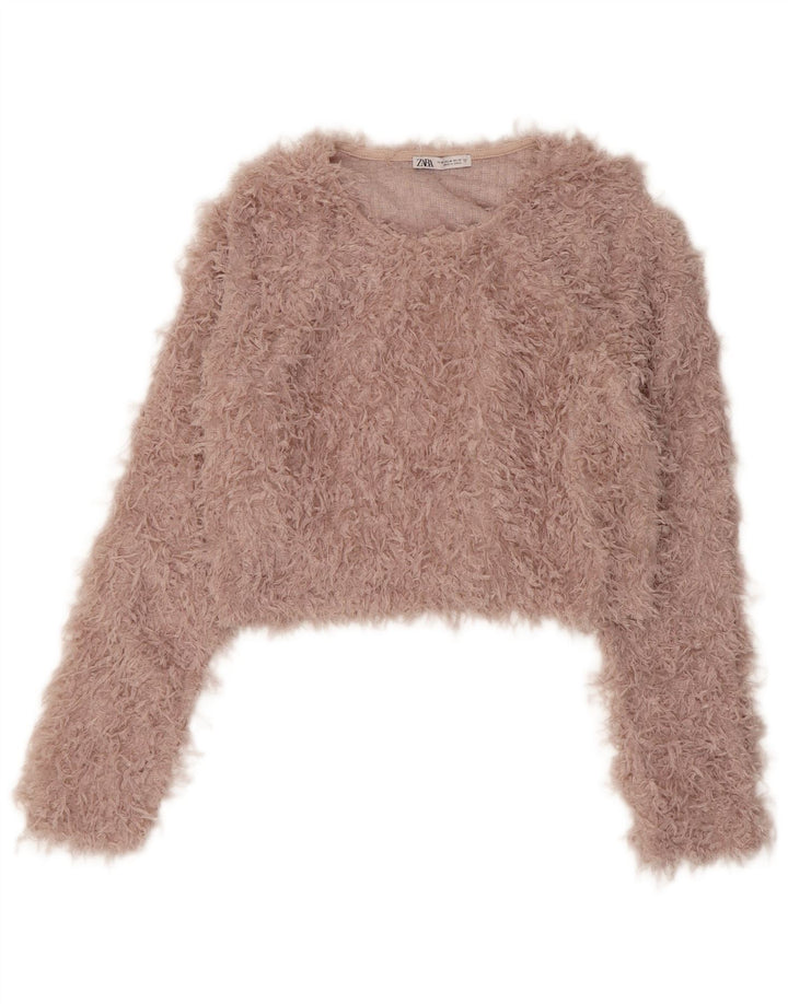 Zara Pull court à col bateau pour femme UK 12 Rose moyen Polyester