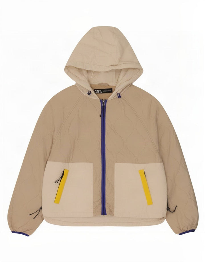 Zara Veste matelassée à capuche pour femme UK 16 Large Beige Colourblock Polyester