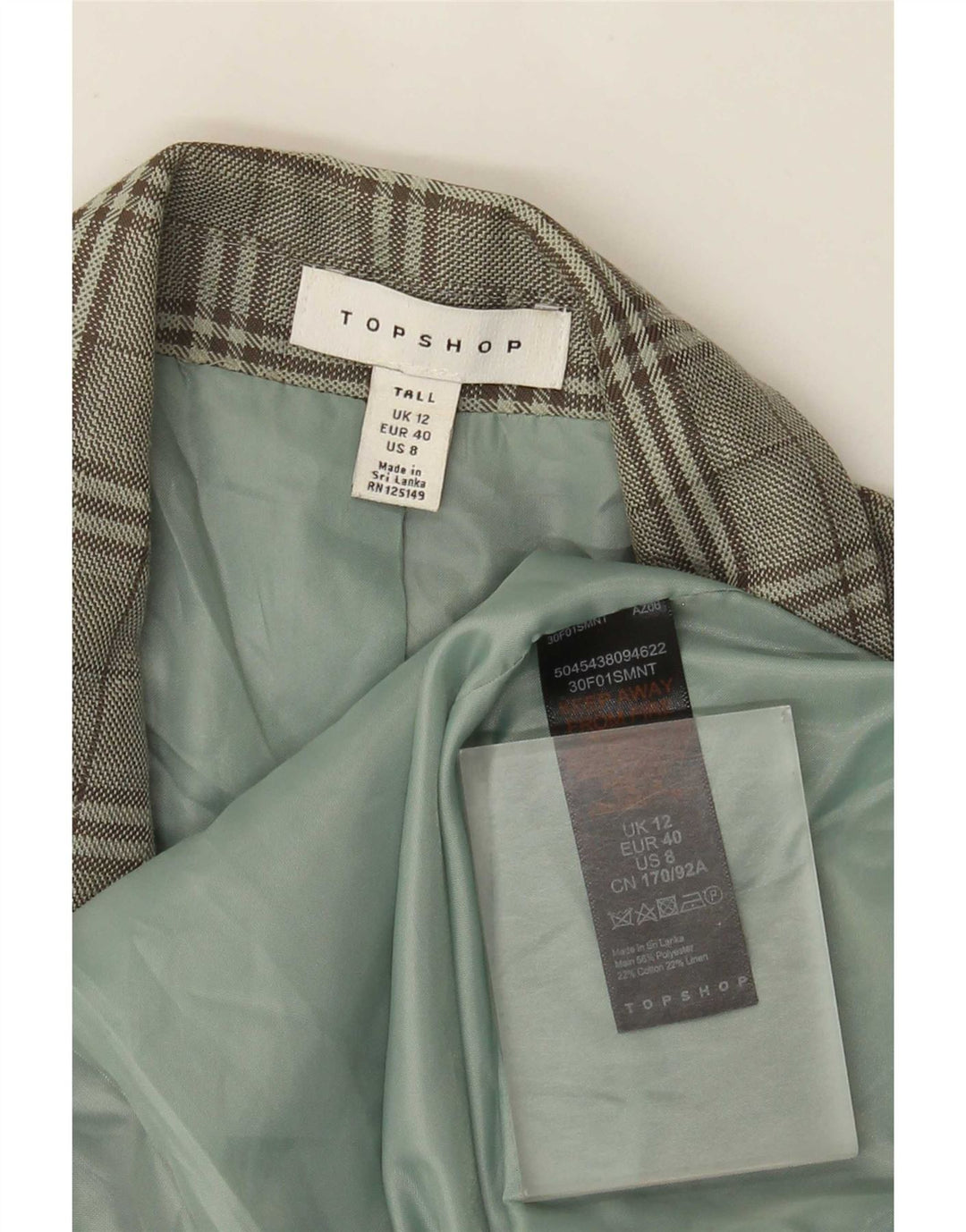 Topshop Veste blazer à double boutonnage pour femme UK 12 à carreaux vert moyen