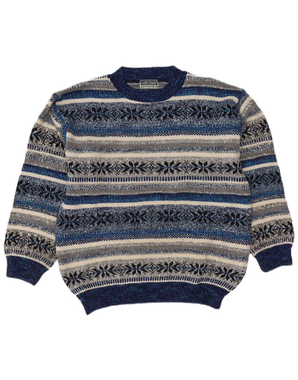 Vintage Mens Crew Neck Jumper Sweater Large Blue Fair Isle Acrylic
