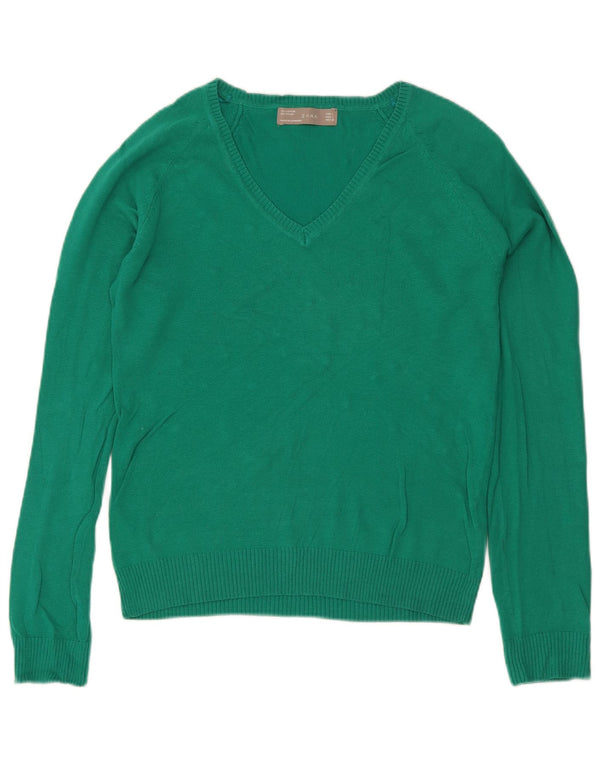 Zara Pull col V pour femme UK 14 Large Vert Coton