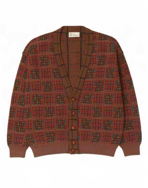 Bizzarro Cardigan Homme Pull XL Rouge Patchwork Laine Vierge