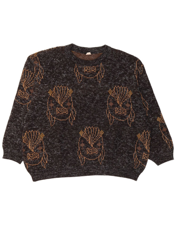 VINTAGE Femmes Graphique Crew Neck Jumper Pull UK 18 XL Noir Moucheté