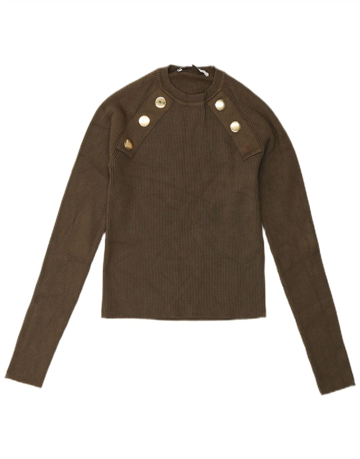 Zara Womens Crop Top Manches Longues UK 8 Small Vert Viscose