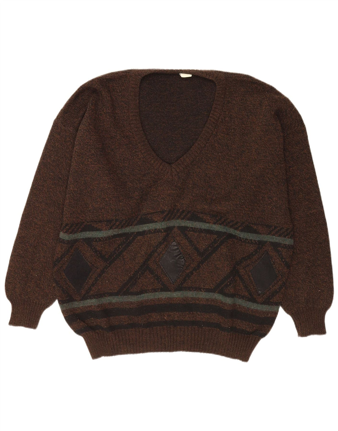 VINTAGE Pull col V pour homme Grand Marron Argyle/Diamant