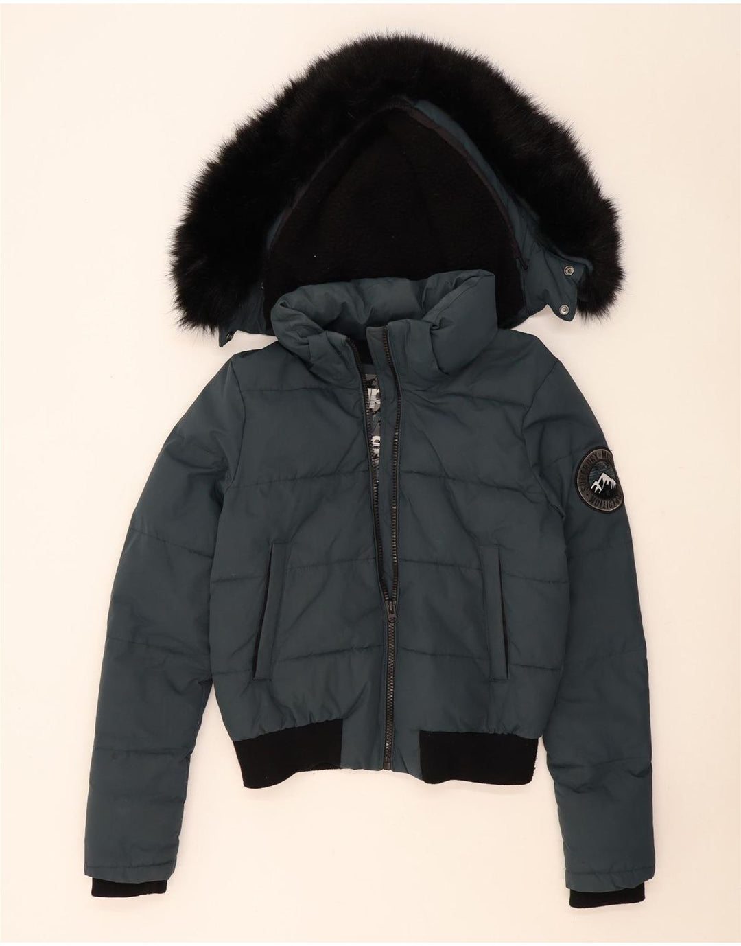 Superdry Veste Bomber À Capuche Rembourrée Pour Femme UK 14 Bleu Moyen Colorblock