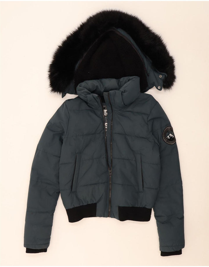 Superdry Veste Bomber À Capuche Rembourrée Pour Femme UK 14 Bleu Moyen Colorblock