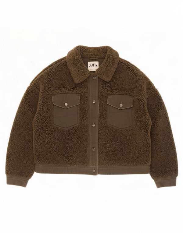 Zara Veste Sherpa Courte Femme UK 14 Large Kaki Polyester
