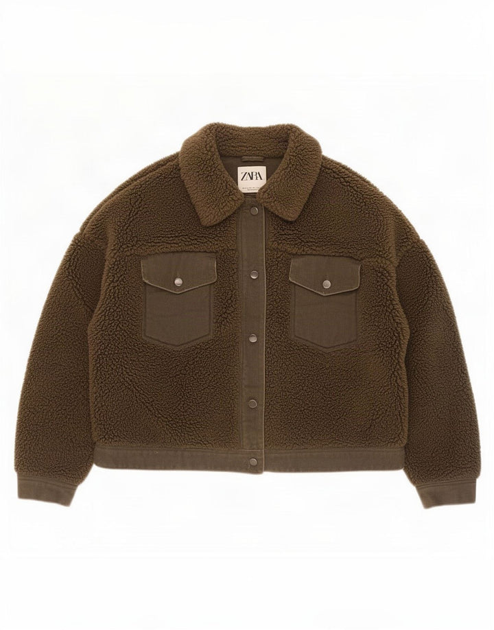 Zara Veste Sherpa Courte Femme UK 14 Large Kaki Polyester