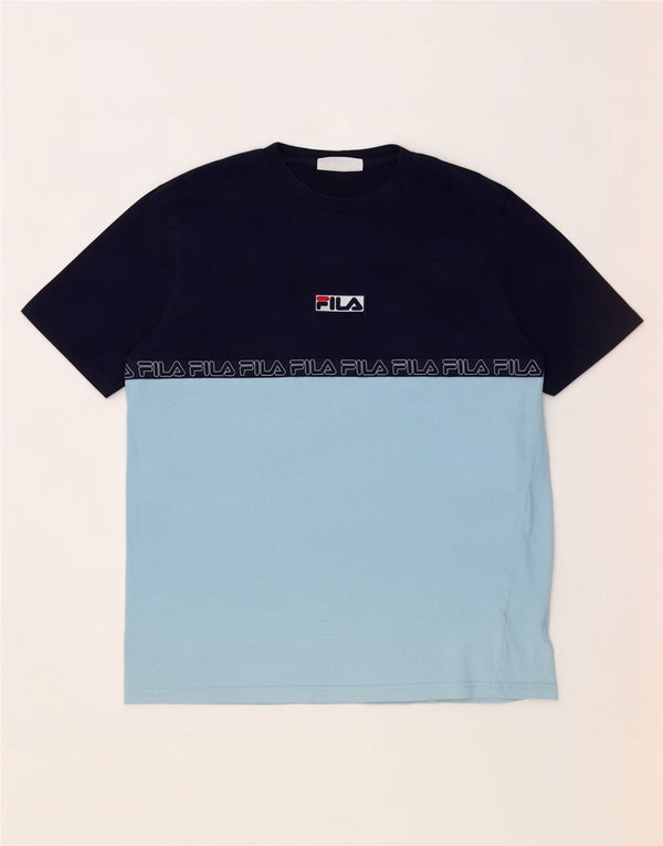 Fila Homme Graphic T-Shirt Top Large Bleu Colorblock Coton