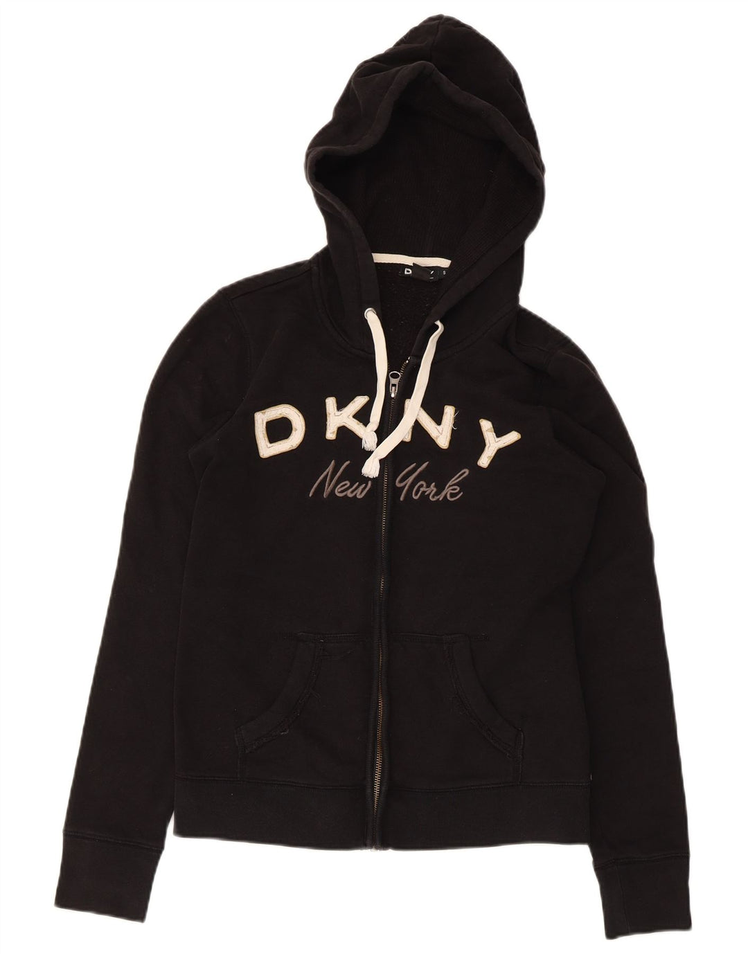 Dkny Pull à capuche zippé New York Graphic pour femme UK 10 Petit coton noir