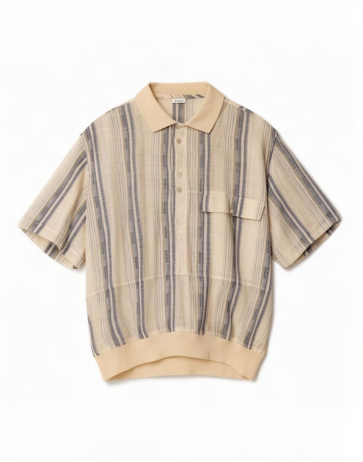 Chemise pull à manches courtes vintage pour hommes rayé beige moyen