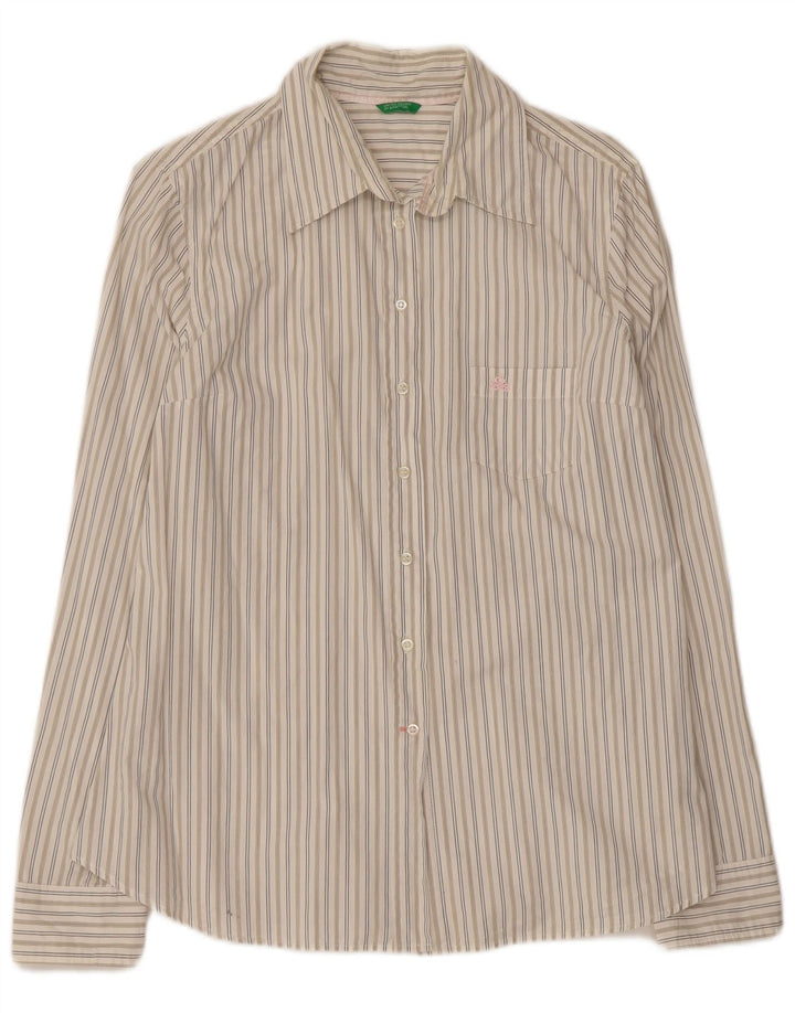 Benetton Chemise Femme UK 44 Large Coton Rayé Blanc Cassé
