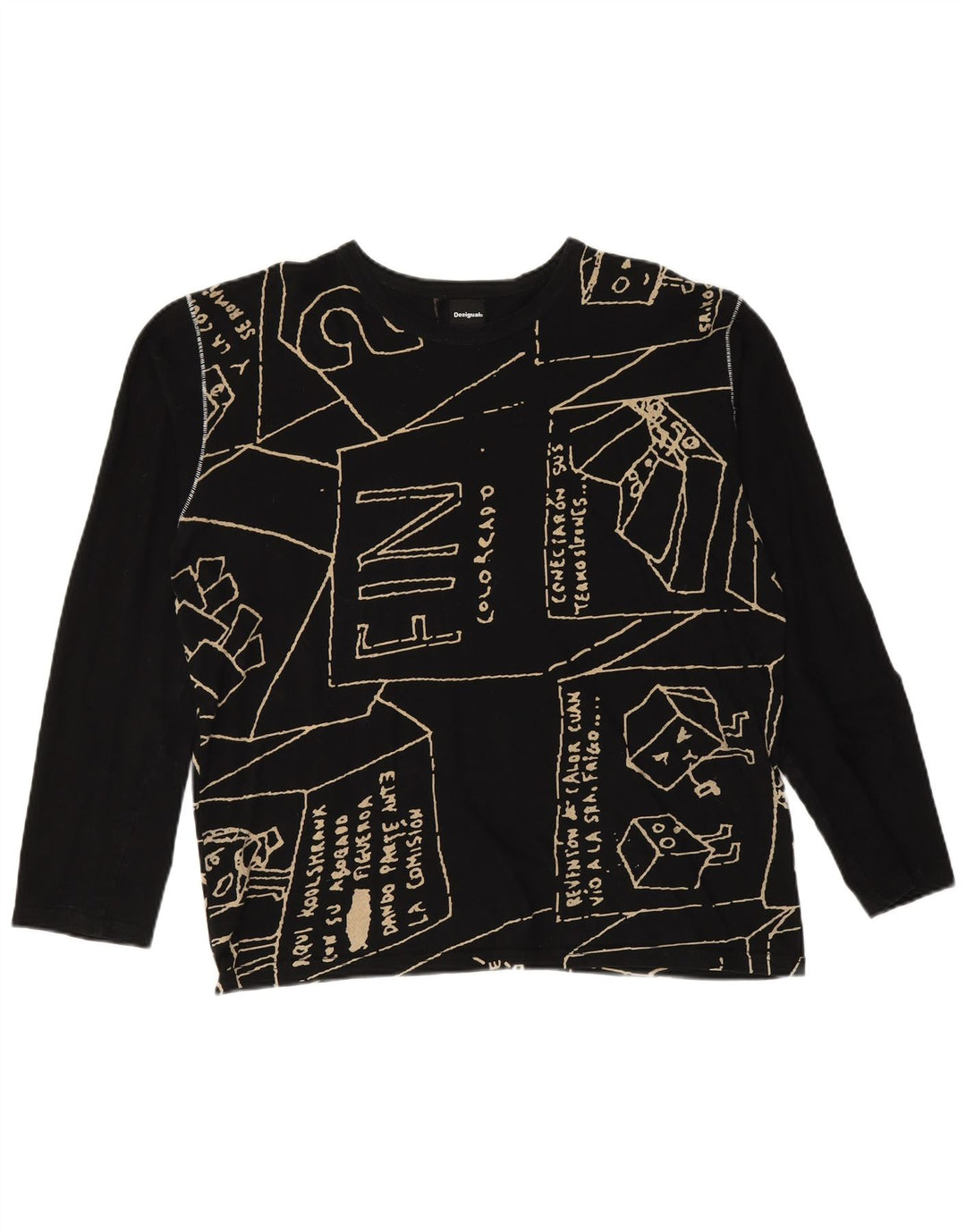 DESIGUAL Haut graphique surdimensionné à manches longues pour femme UK 16 Large Noir Coton