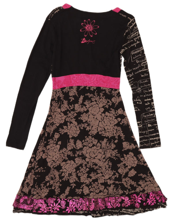 DESIGUAL Robe trapèze graphique à manches longues pour femme UK 12 moyen noir floral