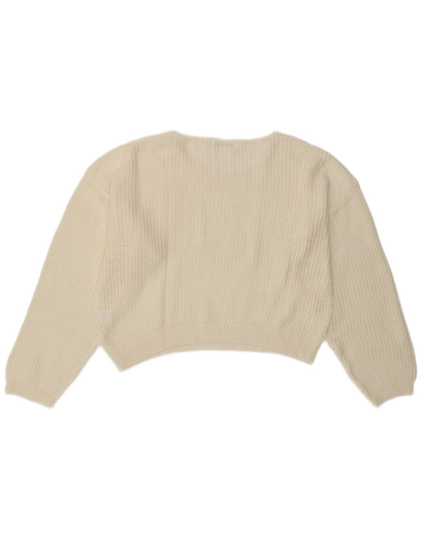 VINTAGE Femmes Crop Boat Neck Jumper Pull UK 14 Medium Off White