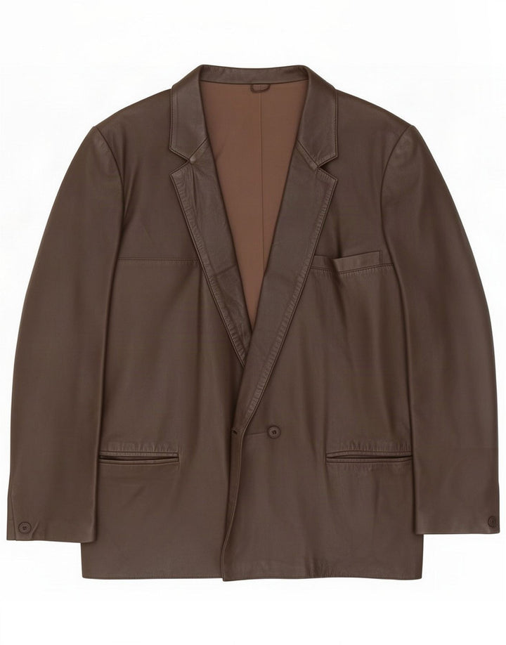 Veste Blazer En Cuir Double Boutonnage Vintage Homme IT 50 Grand Marron