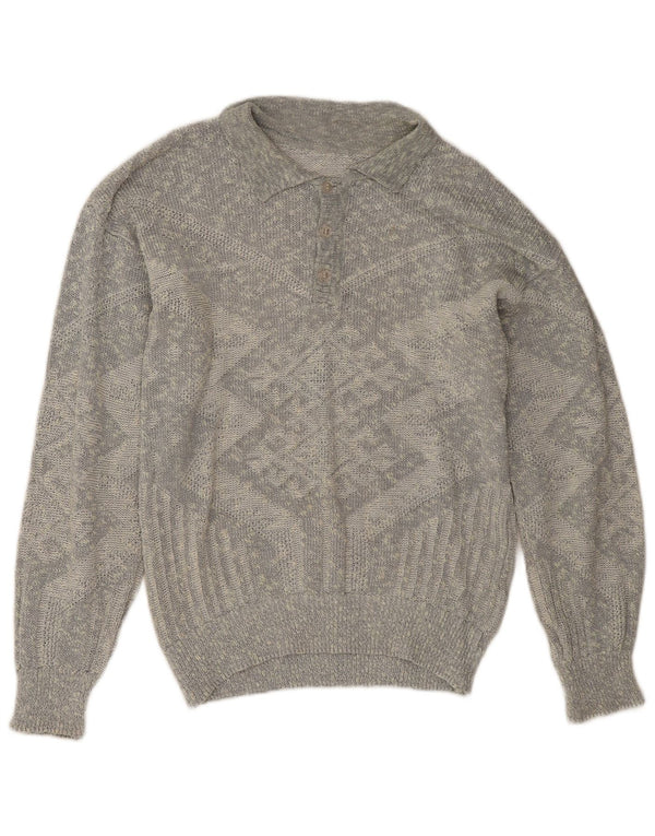 vintage Mens Polo Neck Jumper Pull Grand Gris Géométrique