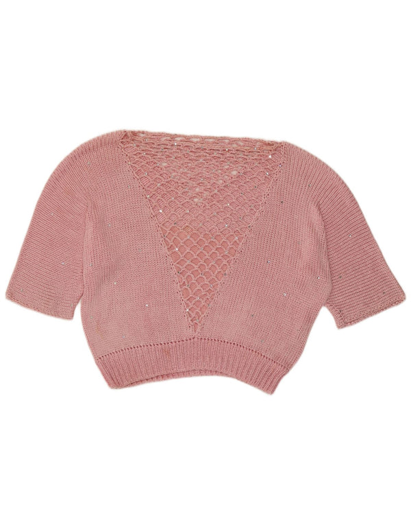 vintage Womens Crop Boat Neck Jumper Pull UK 14 Rose Moyen Tacheté