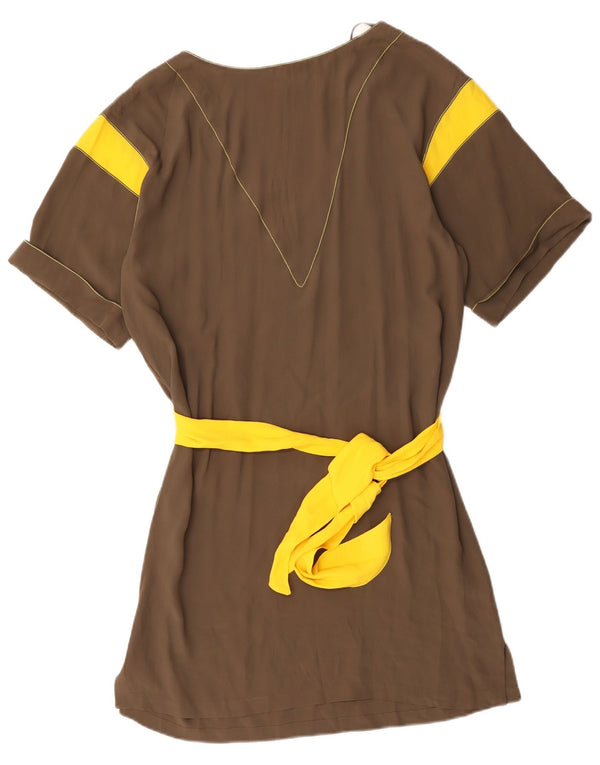 vintage Femme Manches Courtes Tunique Robe UK 16 Grand Brown Colourblock