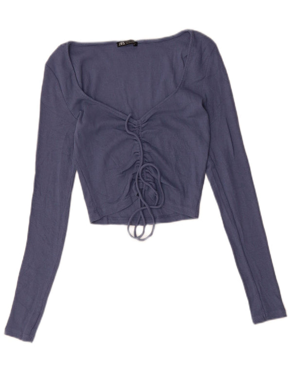 ZARA Femme Crop Top Manches Longues UK 12 Bleu Moyen Coton