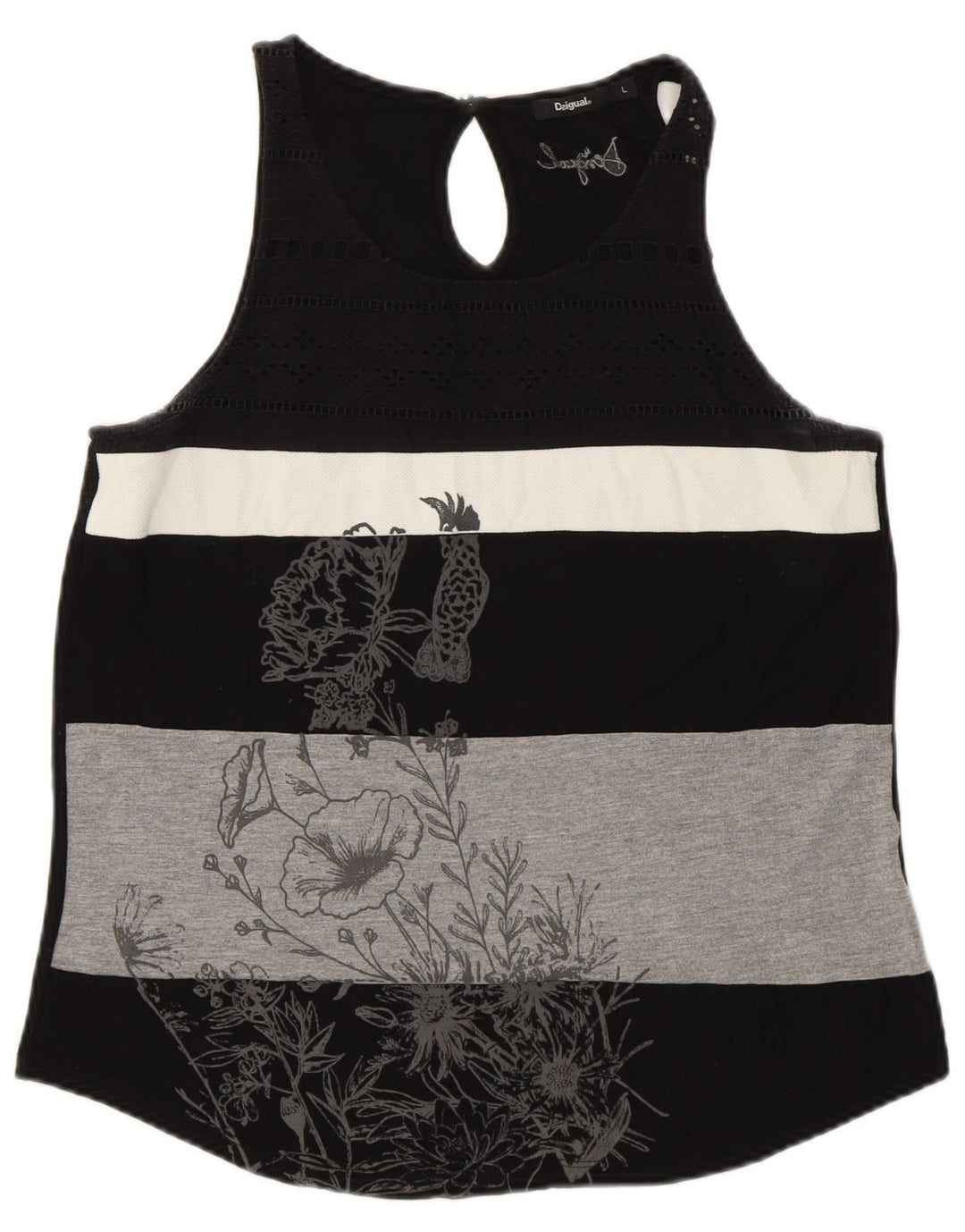 DESIGUAL Débardeur graphique pour femme UK 14 Large Noir Rayé