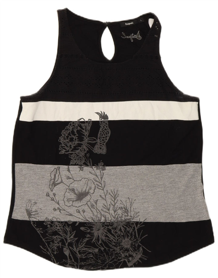 DESIGUAL Débardeur graphique pour femme UK 14 Large Noir Rayé