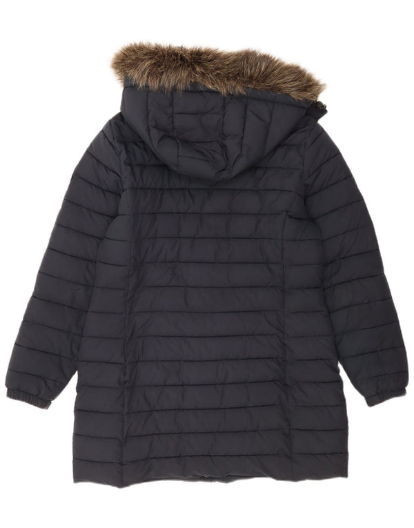Superdry Manteau rembourré à capuche pour femme UK 14 Large Bleu Marine Polyester