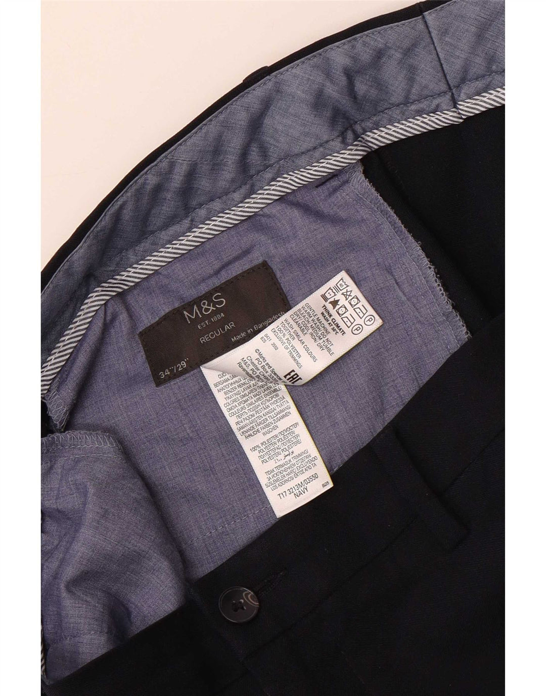 Marks & Spencer Pantalon Chino Regular Homme W34 L29 Bleu Marine Polyester