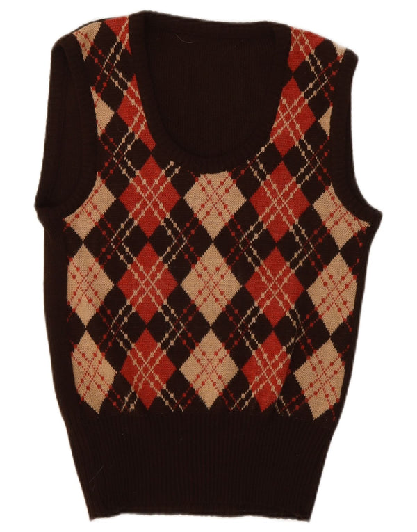 vintage Womens Vest Tank Top UK 10 Petit Marron Argyle/Diamant