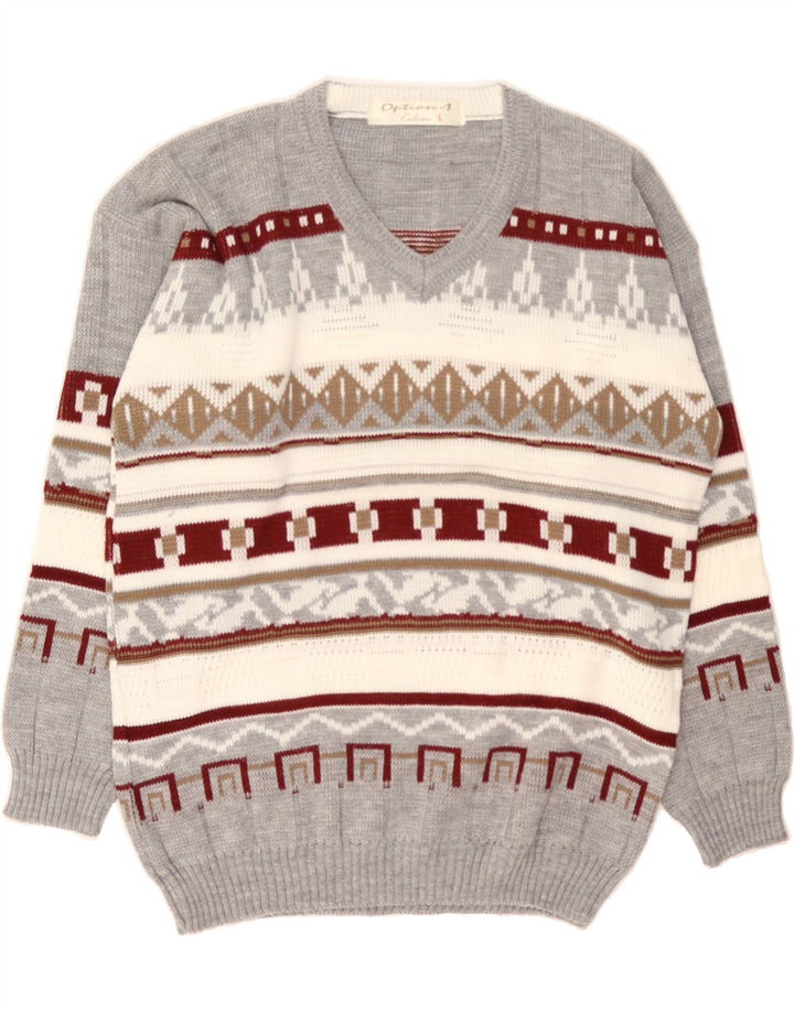 VINTAGE Mens V-Neck Jumper Sweater Large Grey Fair Isle Vintage Vintage and Second-Hand Vintage from Messina Hembry 