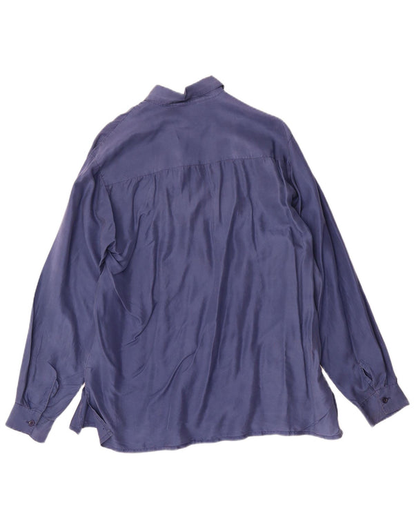vintage Femme Chemise Blouse UK 16 Grande Soie Bleu Marine