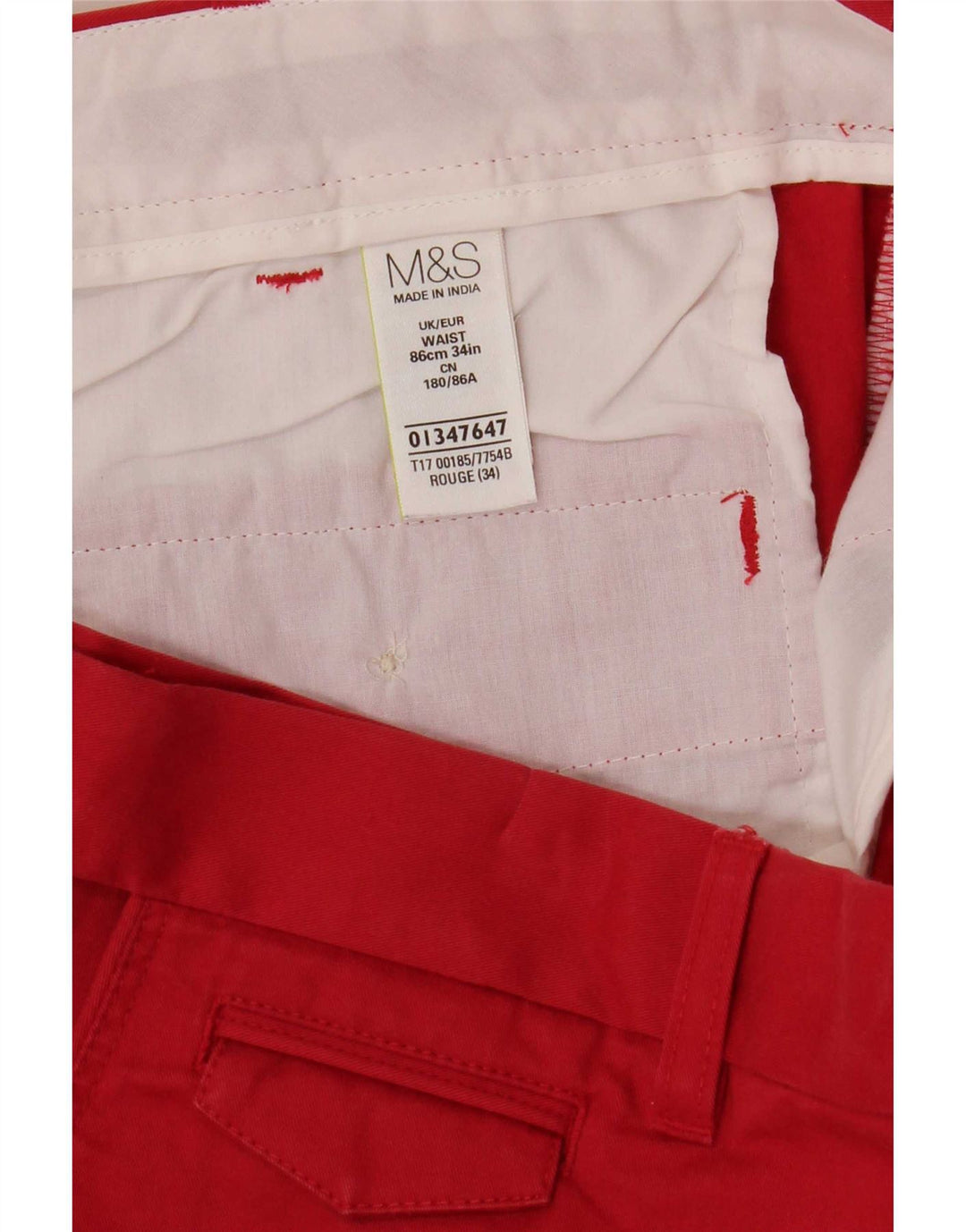 Marks & Spencer Short Chino Homme W34 Grand Rouge Coton