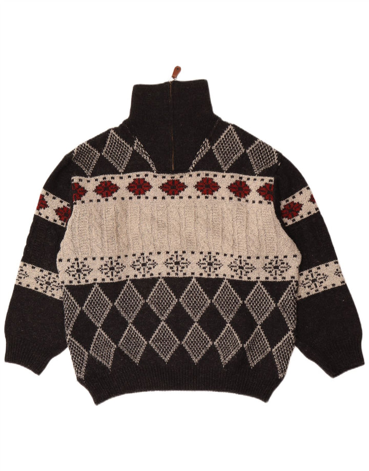 vintage Mens Zip Neck Jumper Sweater IT 48 Moyen Noir Argyle/Diamant