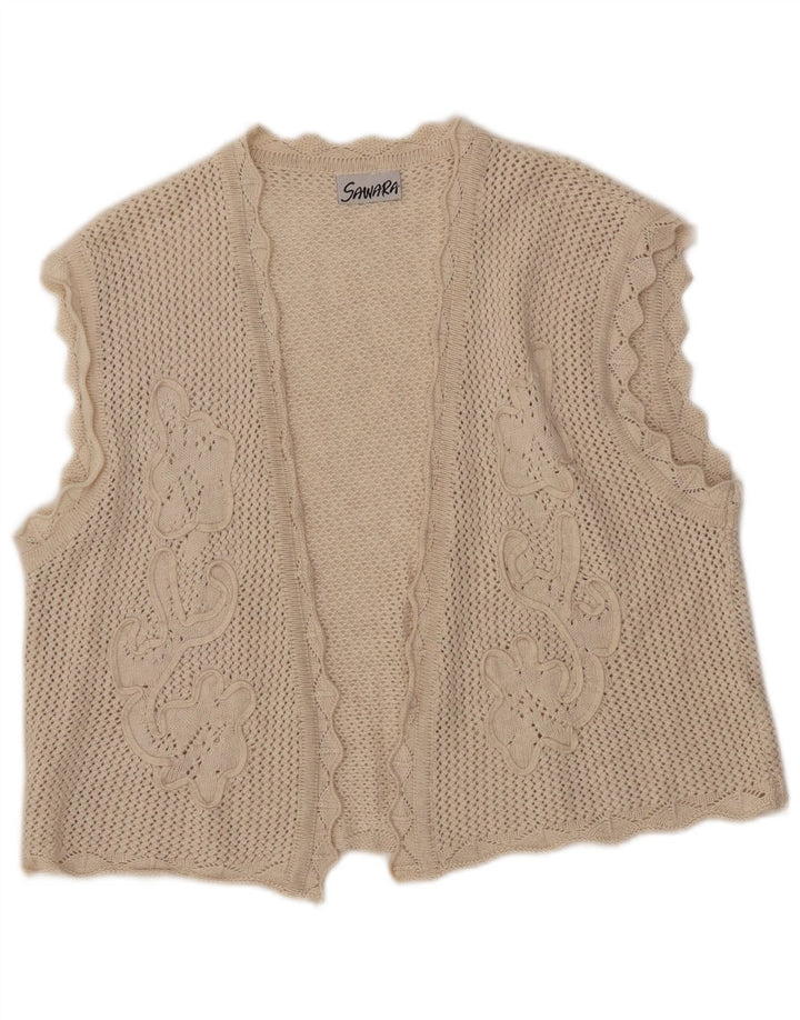 VINTAGE Femmes Crop Sans Manches Crochet Cardigan Pull UK 14 Grand Beige