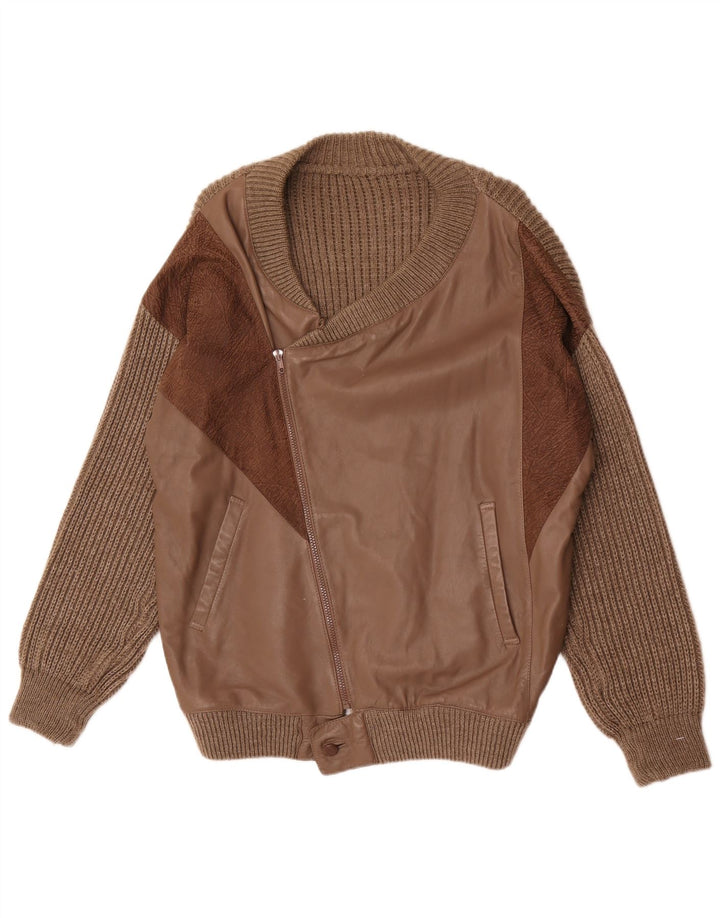 vintage Mens Leather Cardigan Sweater Grande laine brune