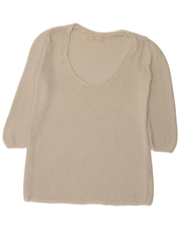 Zara Pull à manches 3/4 au crochet et col en V pour femme UK 16 Large Blanc cassé