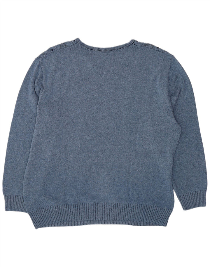 VINTAGE Pull col V pour homme UK 44 XL Coton géométrique bleu