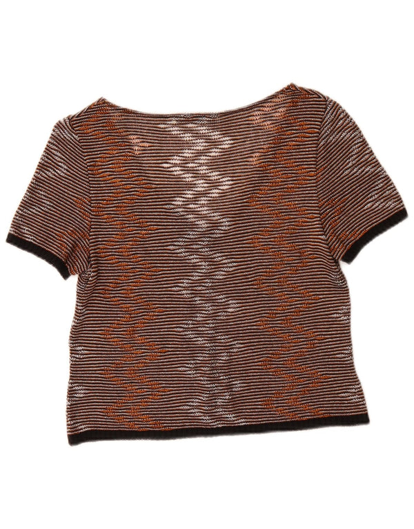 vintage Femmes Crop Blouse Top UK 10 Petites Rayures Brunes
