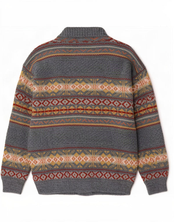vintage Mens Cardigan Pull Grand Gris Fair Isle Acrylique