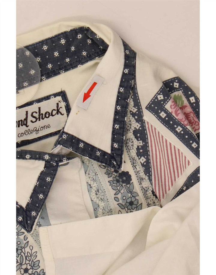 Chemise vintage féminine oversize UK 14 Medium Blanche à motif géométrique en coton