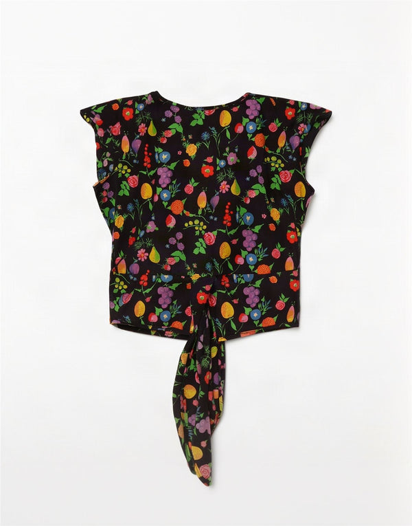 vintage Femmes Crop Wrap Cardigan Top UK 14 Moyen Noir Floral