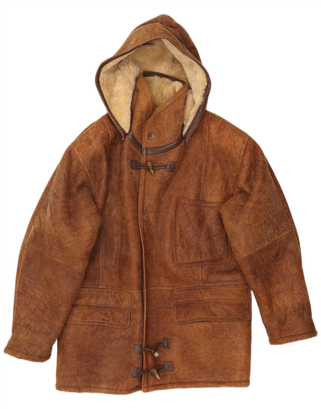 VINTAGE Veste en peau de mouton à capuche pour homme IT 50 Grande peau de mouton marron