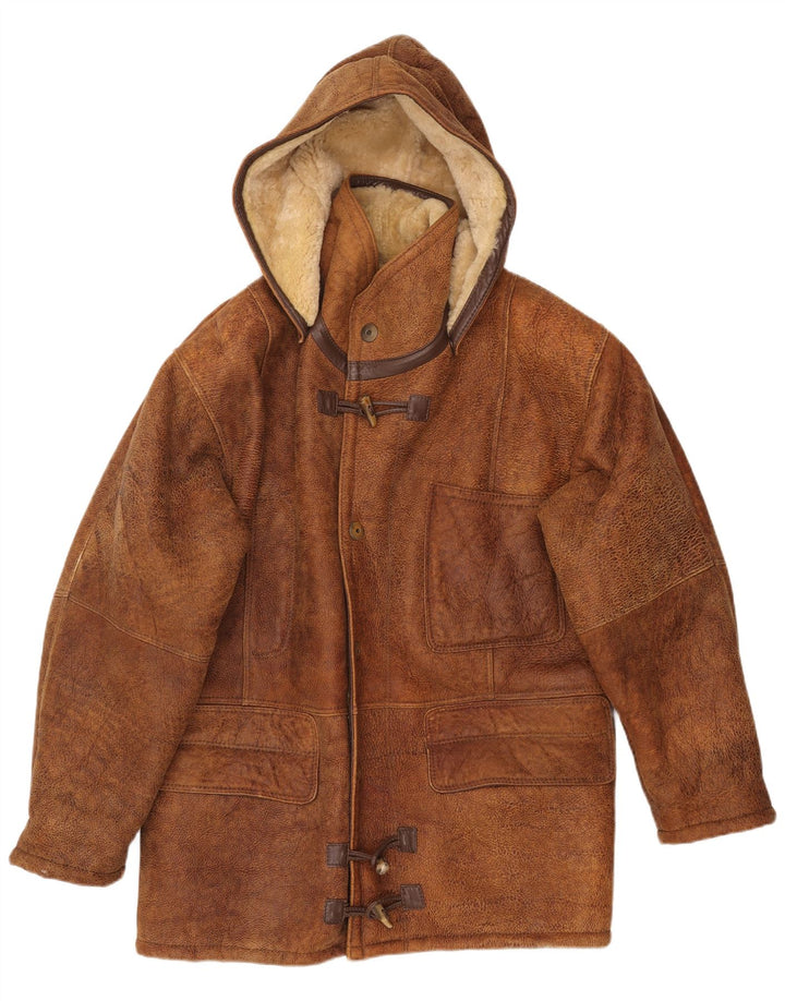 VINTAGE Veste en peau de mouton à capuche pour homme IT 50 Grande peau de mouton marron