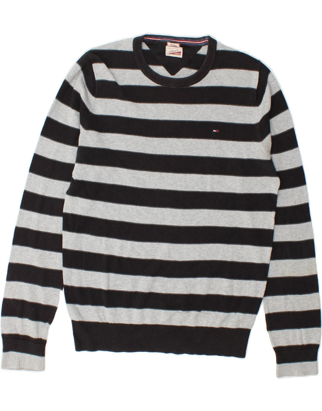 TOMMY HILFIGER Mens Crew Neck Jumper Sweater Medium Black Striped Cotton Vintage Tommy Hilfiger and Second-Hand Tommy Hilfiger from Messina Hembry 