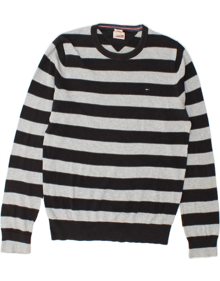 TOMMY HILFIGER Mens Crew Neck Jumper Sweater Medium Black Striped Cotton Vintage Tommy Hilfiger and Second-Hand Tommy Hilfiger from Messina Hembry 