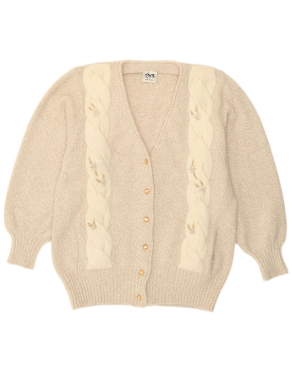 vintage Femme Cardigan Pull UK 14 Grand Beige Floral Angora