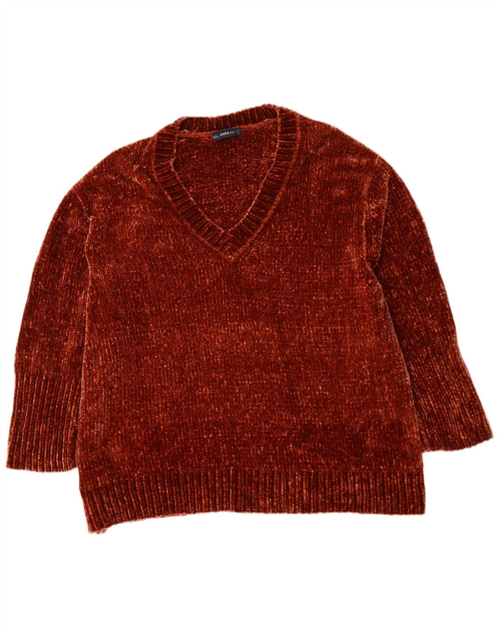 Zara Pull surdimensionné à col en V pour femme UK 10 Petit Marron Polyester