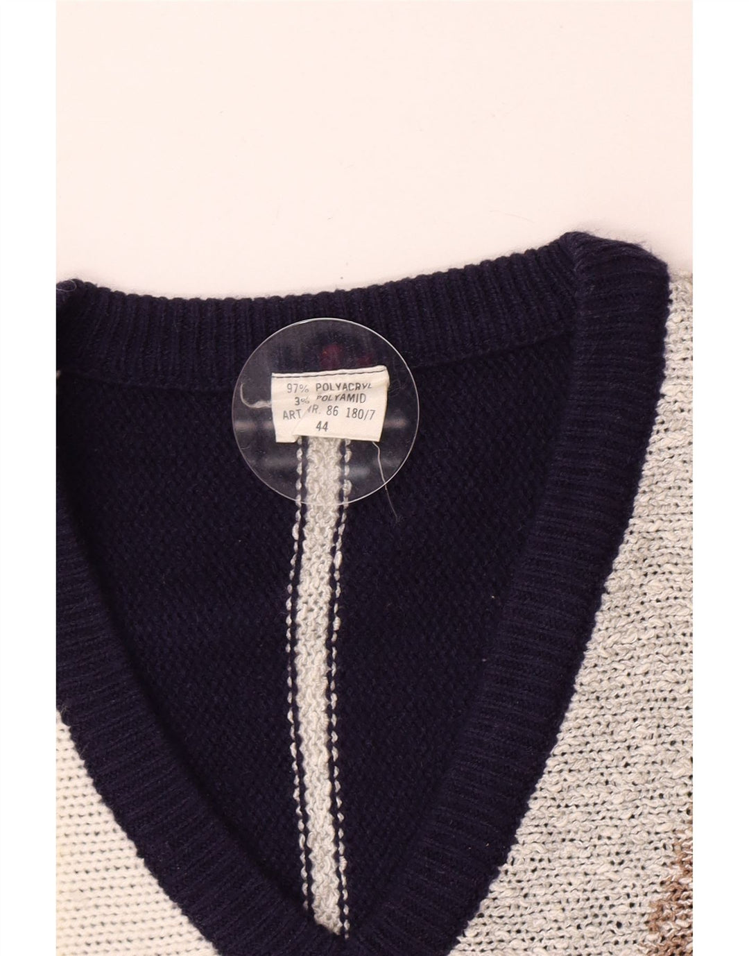 vintage Femme Col V Jumper Pull IT 44 Medium Navy Blue Colourblock