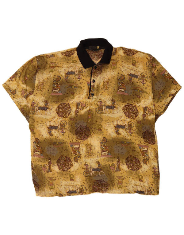 vintage Mens Abstract Pattern Graphic Polo XL Rayonne Jaune
